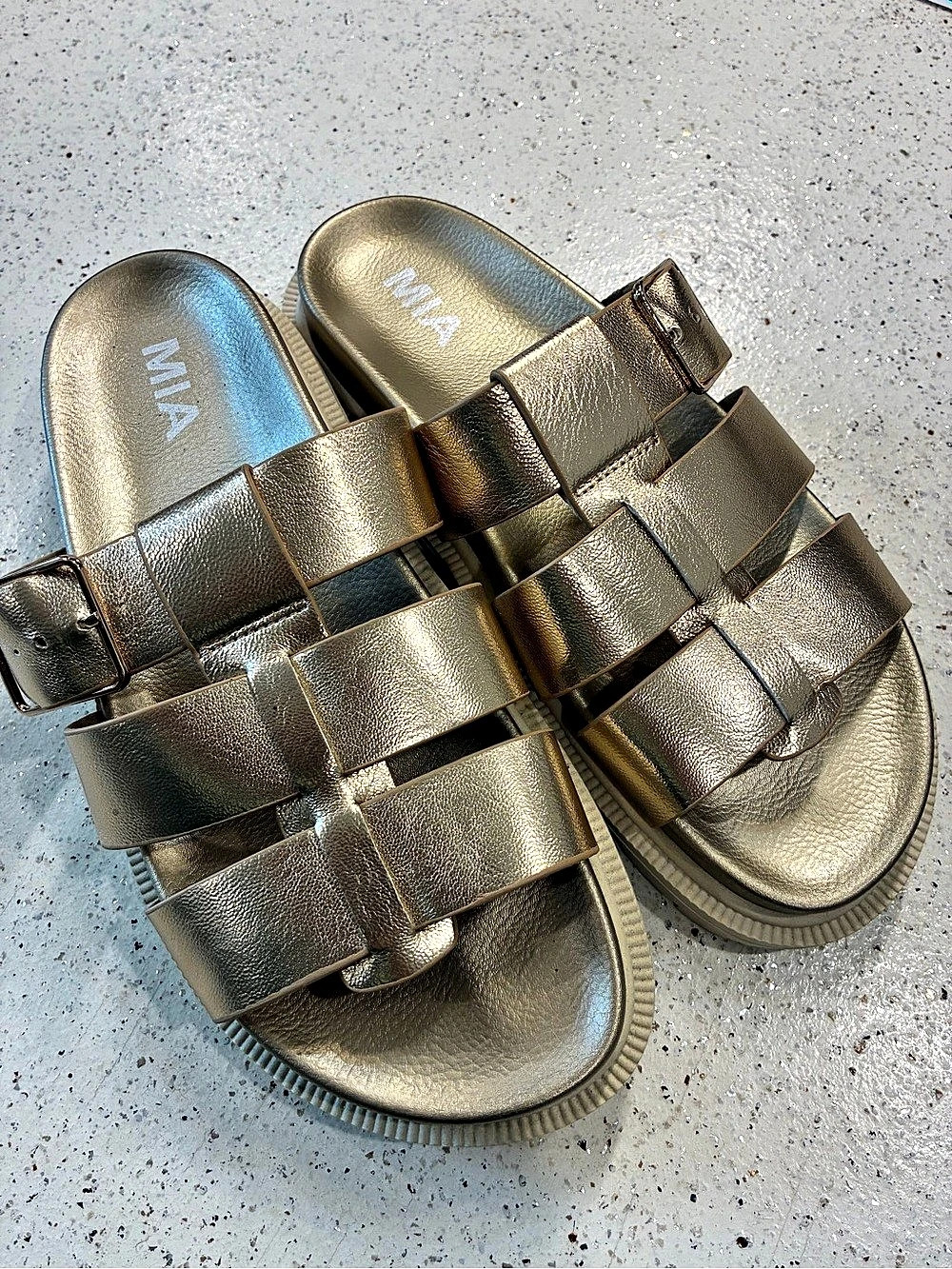 MIA Metallic Buckle Strap Sandals in Gold NWT